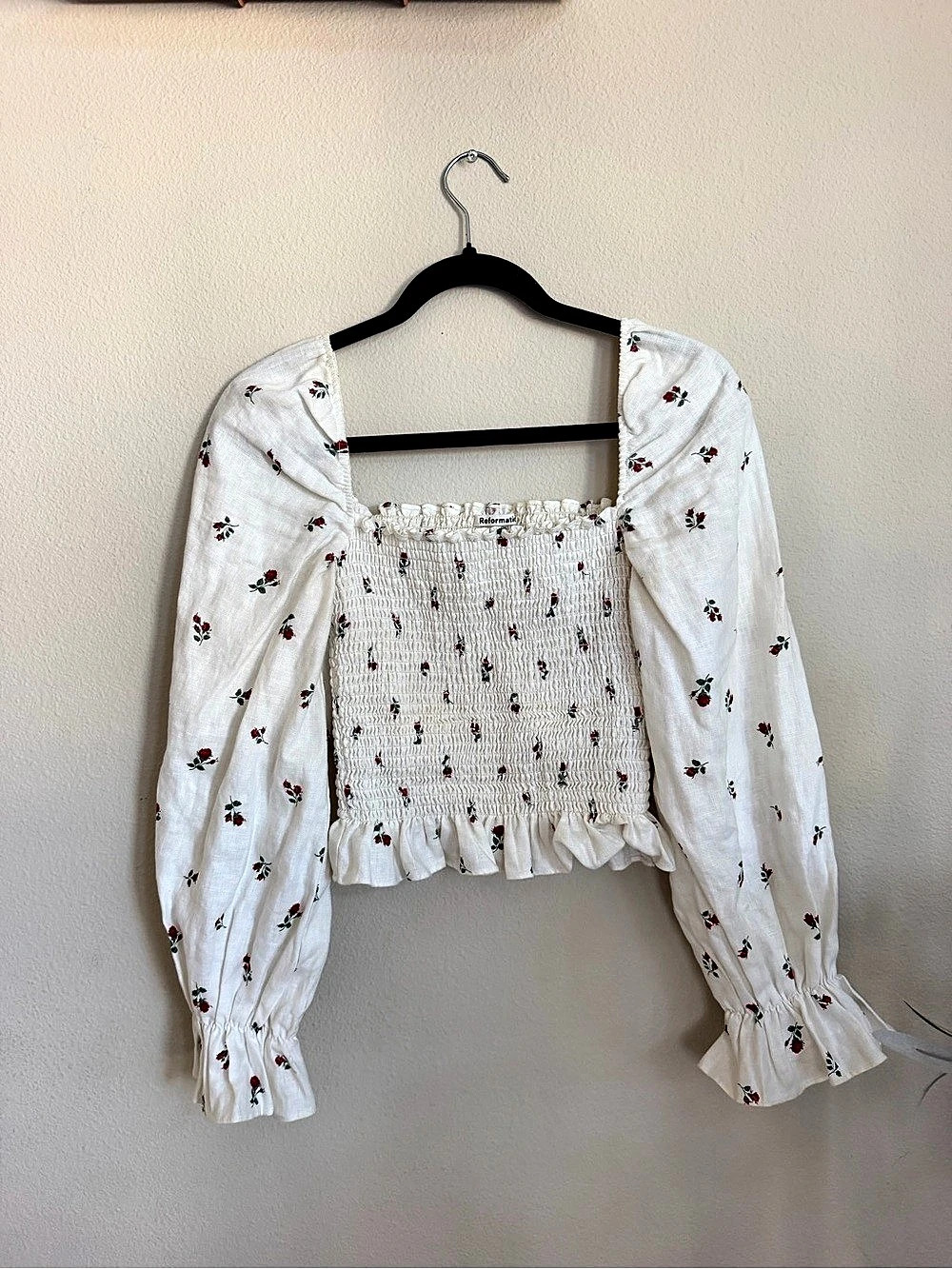 Reformation Stilton Linen Top Floral Crop Top in White & Red